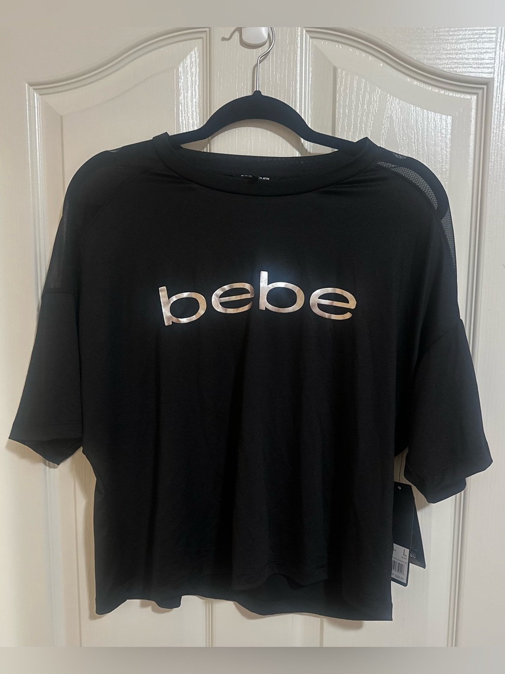 NWT Women’s Bebe Sport Short Sleeve Boxy Top Performance Wear Black Silver Large
